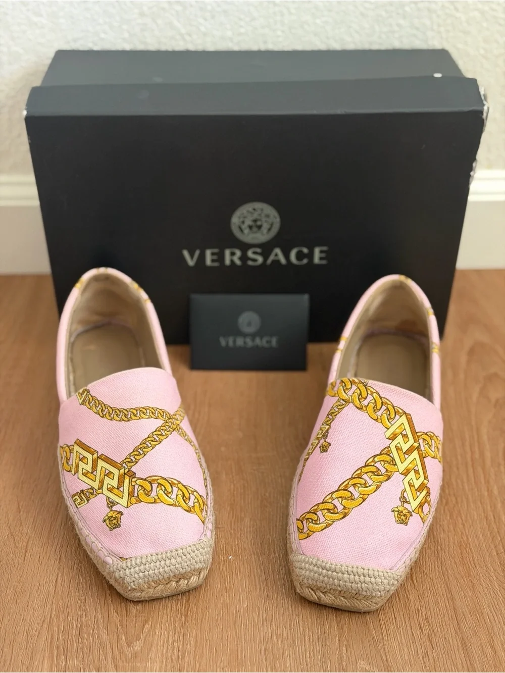 Versace Pink Gold-Chain Espadrille Slip-Ons